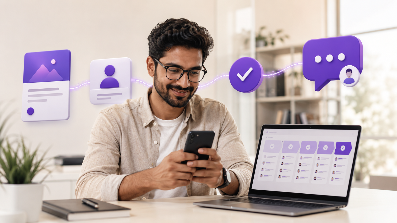Business owner reviewing Meta Ads leads on his phone beside a campaign dashboard