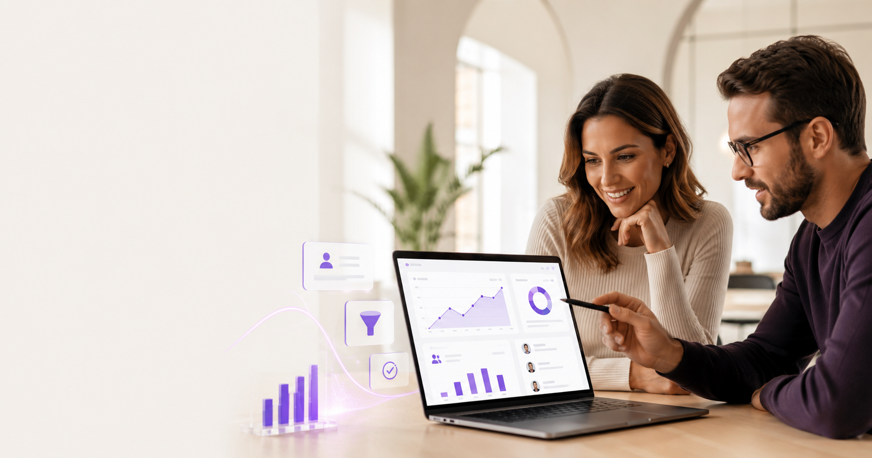 Business owner and digital marketer reviewing Meta Ads lead generation data on a laptop