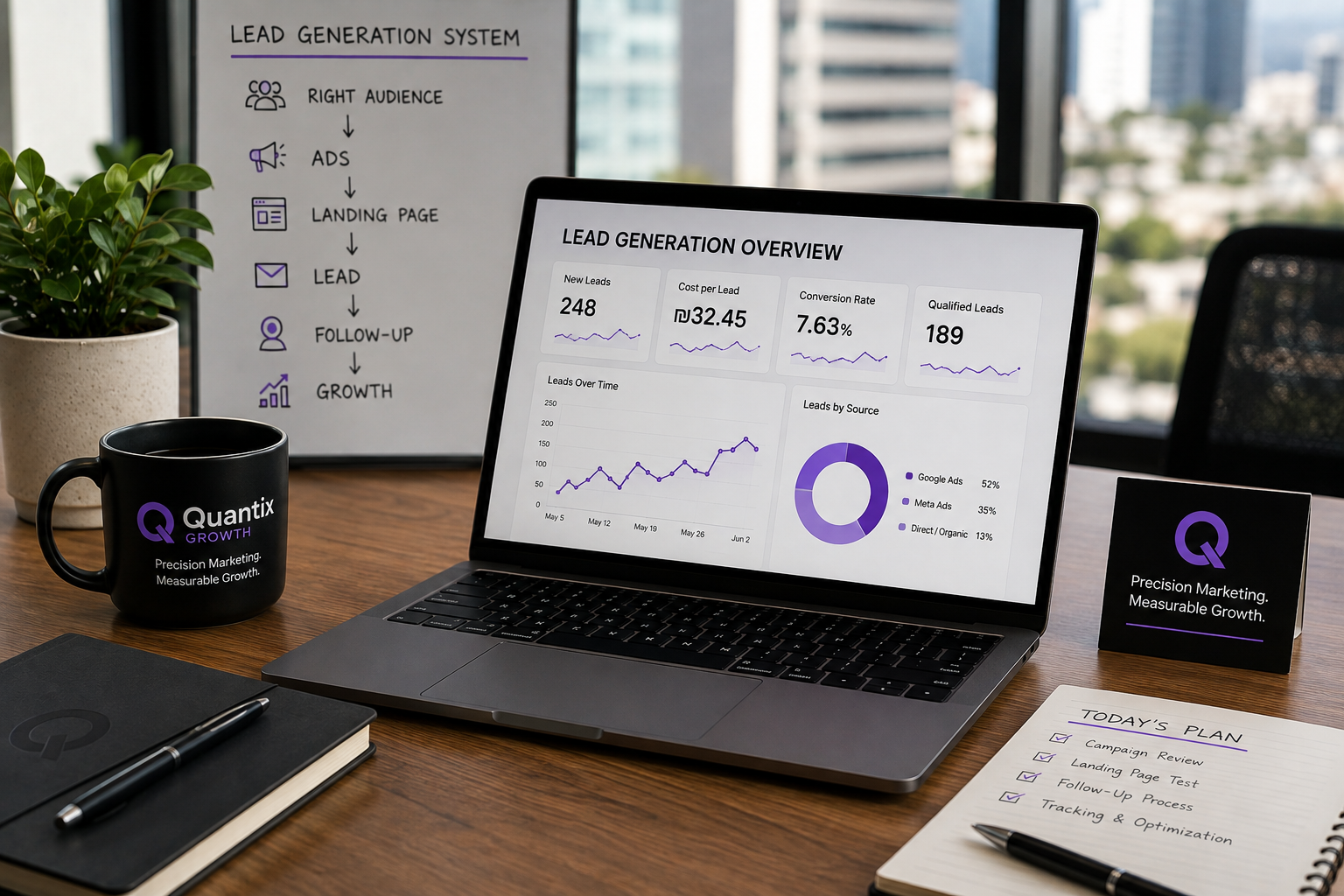 Laptop displaying a lead generation system for business owners, with Quantix Growth branding in a modern office setting.